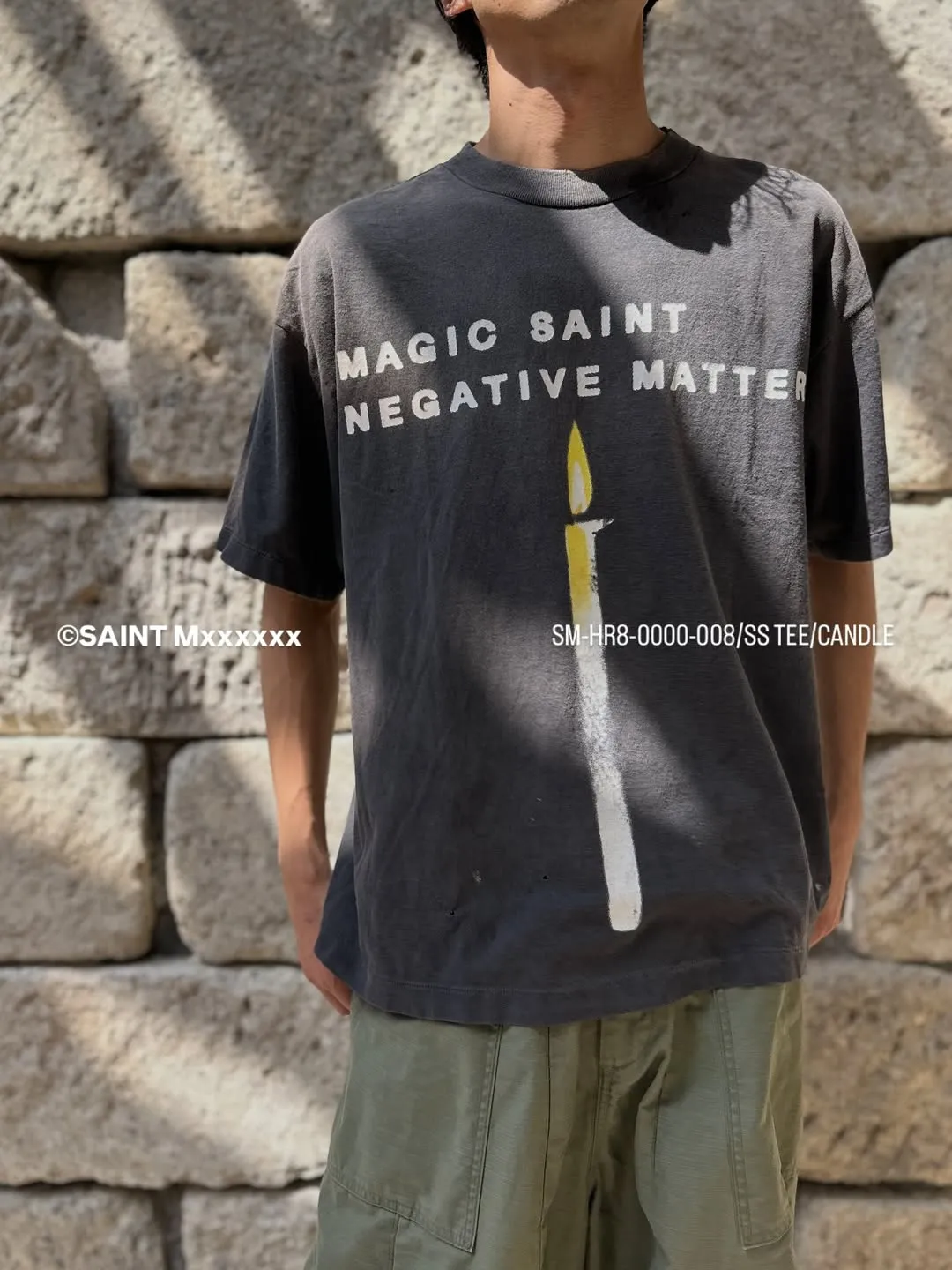 SAINT Mxxxxxx CANDLE SS TEE/BLK Slogan candle distressed TEE Little angel short sleeves on the back Washed in black S-XL Same as the original version Cylindrical side seam OE yarn fabric Garment dyeing Fade in heavy washes Fade with horse plaster on the bust Correct version matching Original version accessories Original level printing restoration